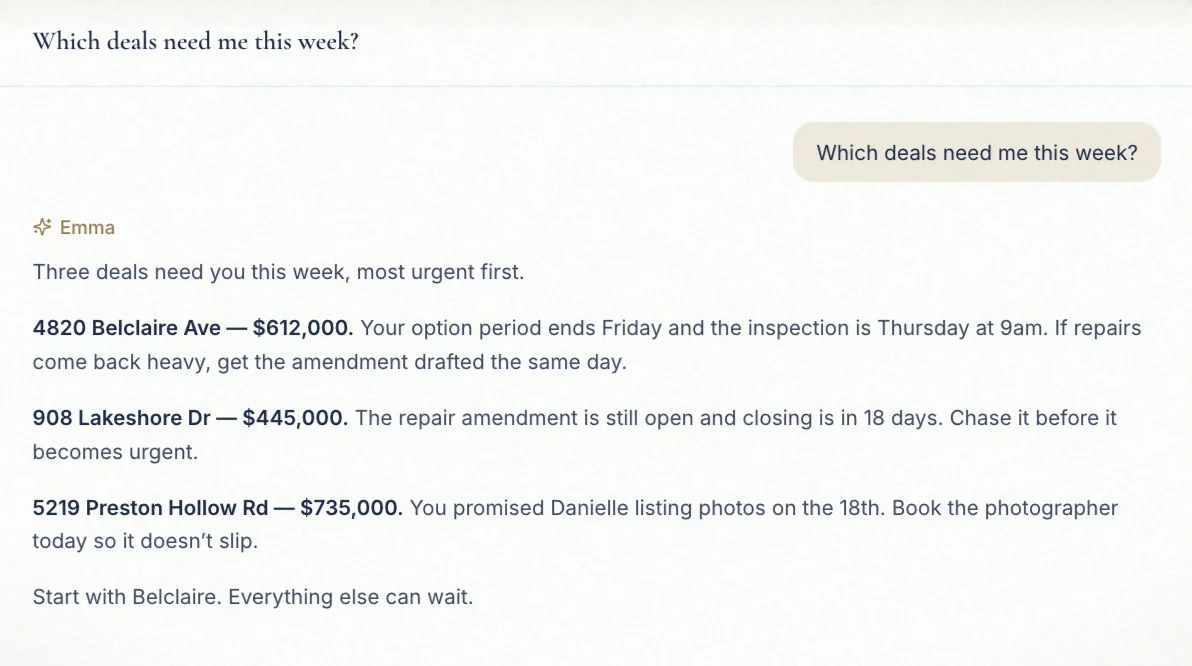 Emma answering which deals need attention this week, with the deal values and deadlines