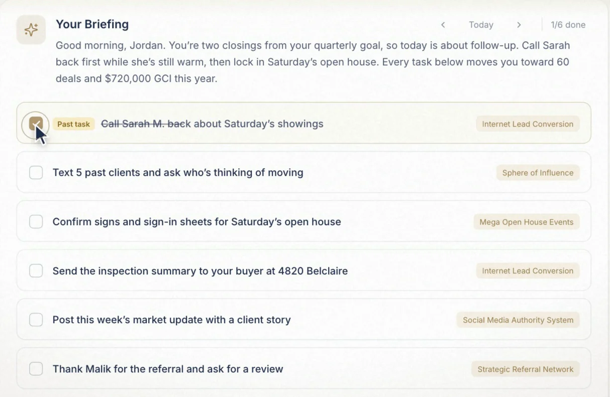 The Pipeline OS Daily Brief: a numbered list of today's tasks, each tied to one of your pipelines