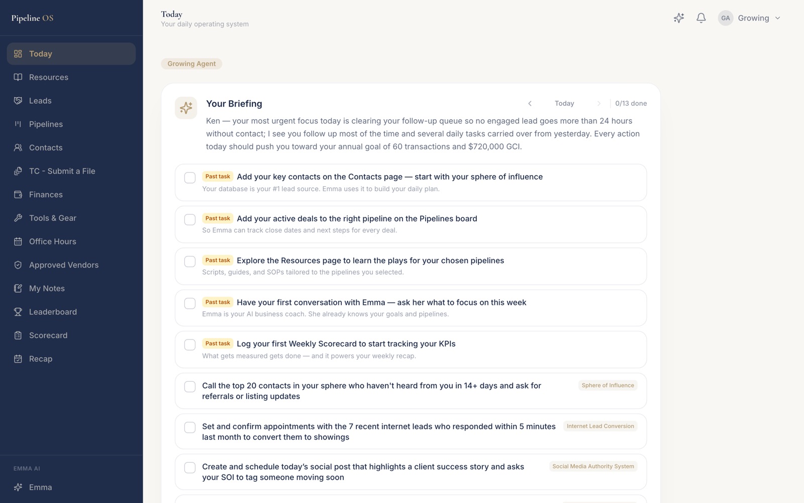 Pipeline OS showing Emma’s daily briefing and today’s task list
