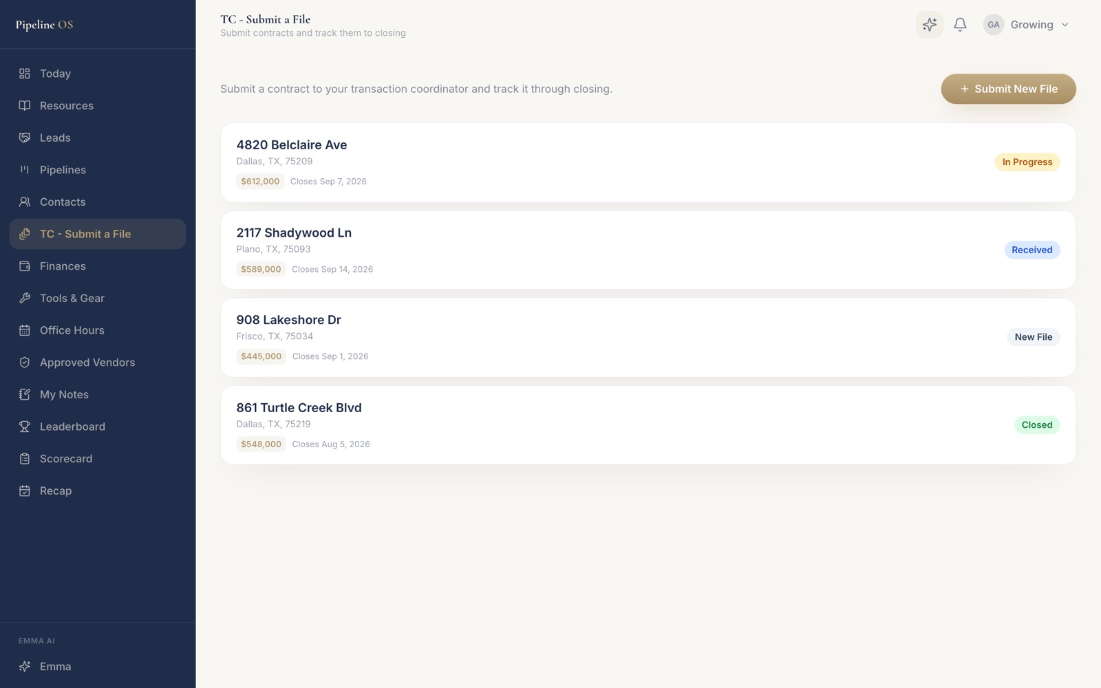 Submitting a file and tracking it to closing inside Pipeline OS